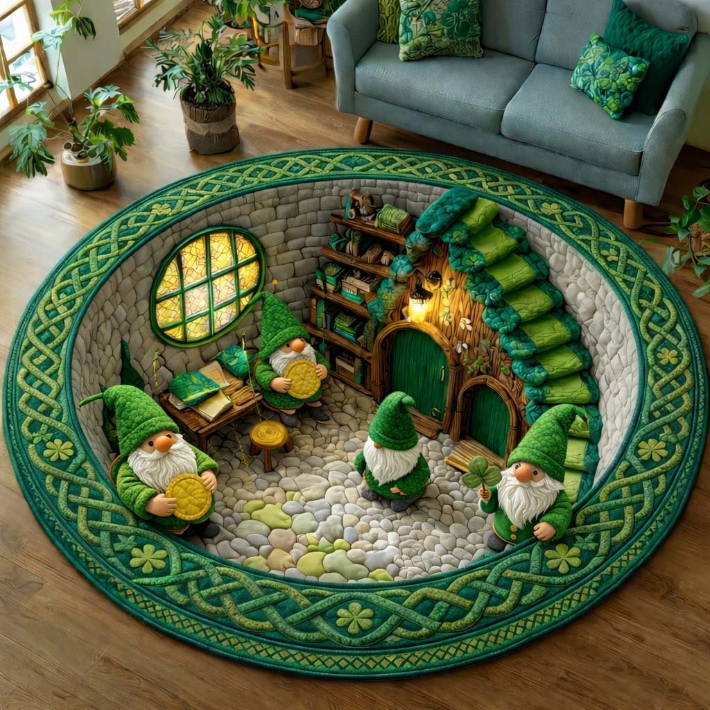 Shamrock Gnome (Design 2) Round Mat Rug - washable non-slip printed rug