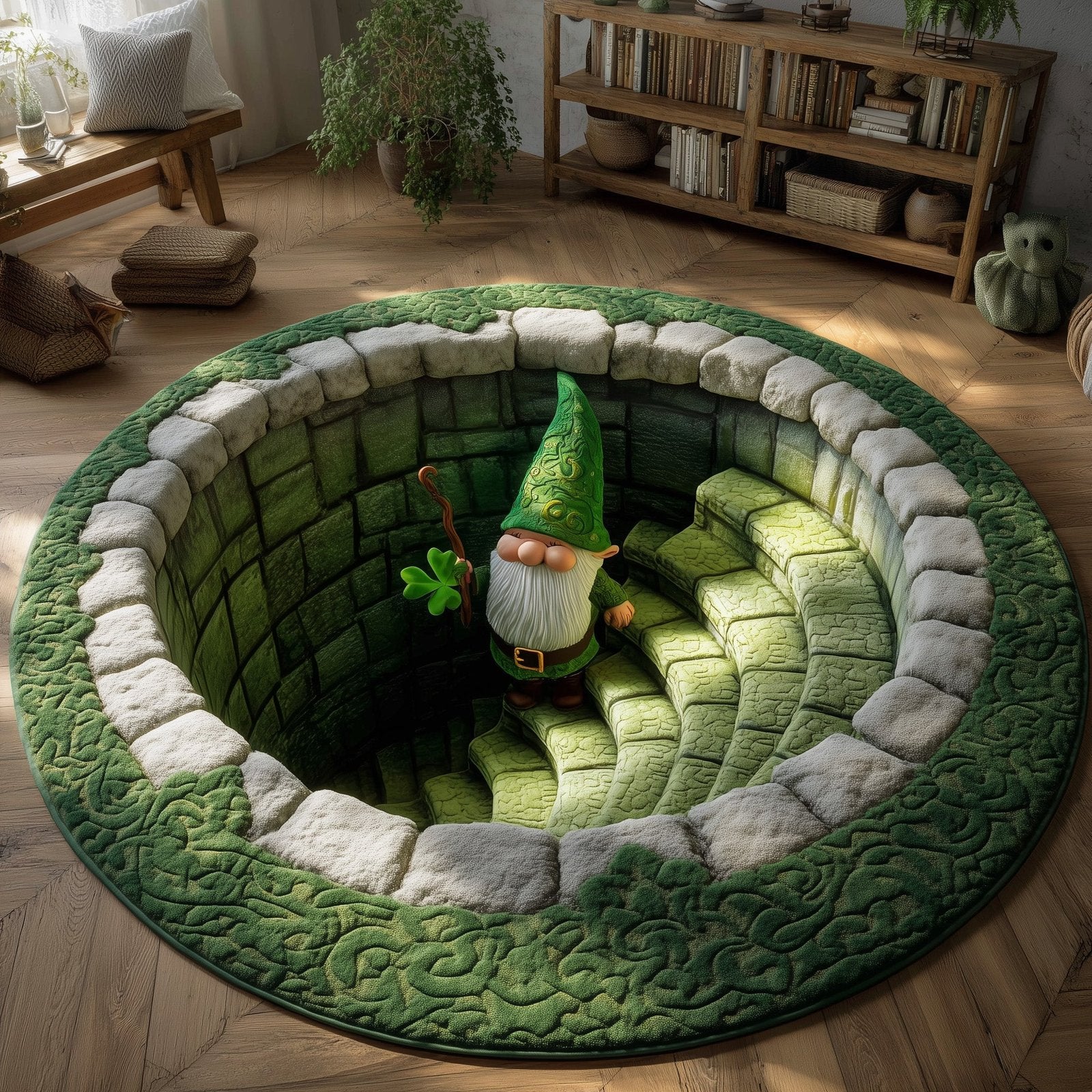 Shamrock Gnome Stair Round Mat Rug - Nature Design | Serene Home Decor