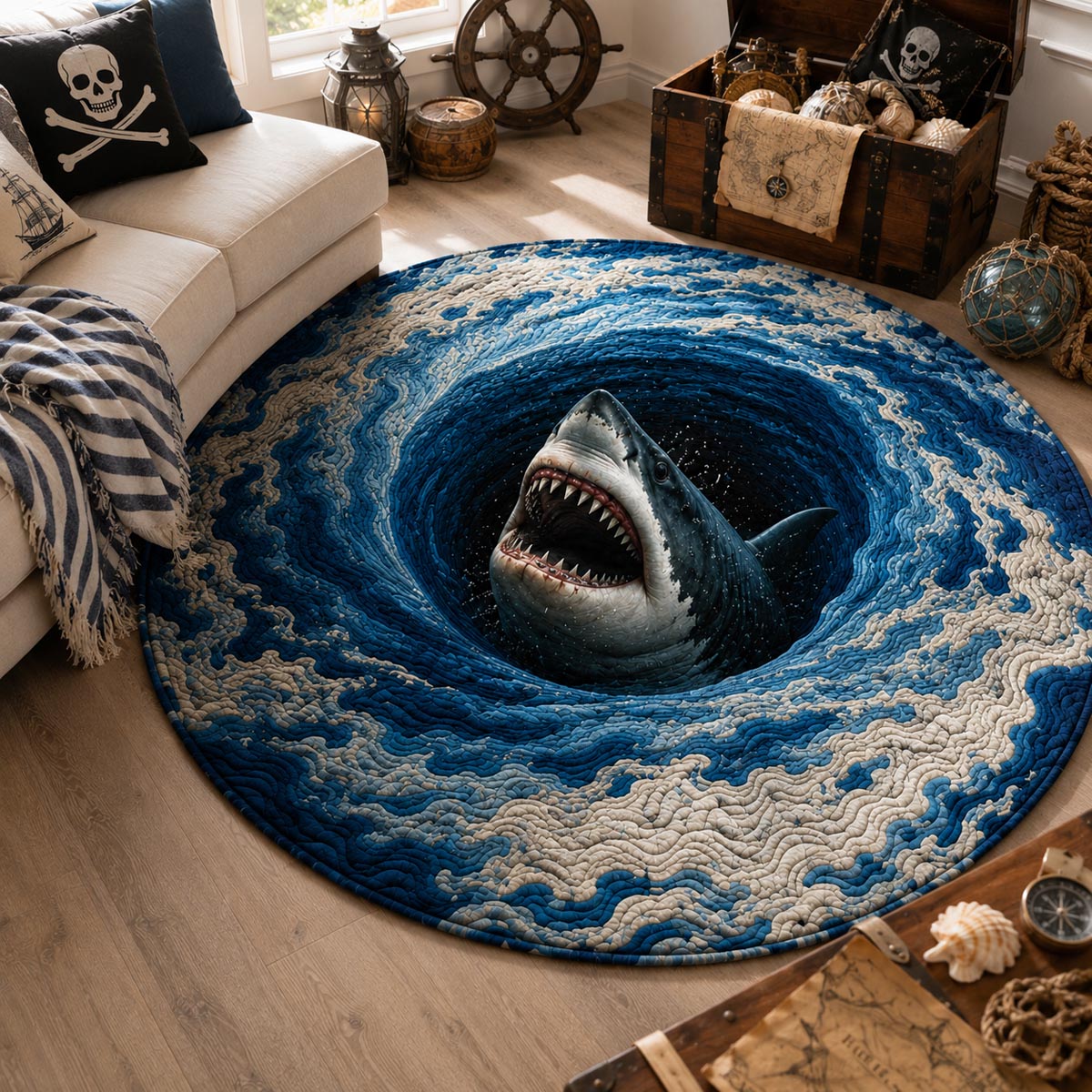 Shark Abyss Round Mat Rug - Nature Design | Serene Home Decor (Design 1) - washable non-slip printed rug
