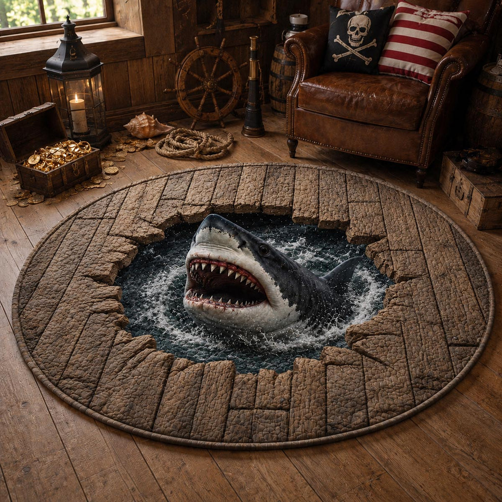 Shark Breach Round Mat Rug - Nature Design | Serene Home Decor (Design 1) - washable non-slip printed rug