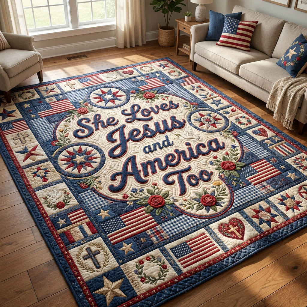 She Loves Jesus And America area rug in a living room