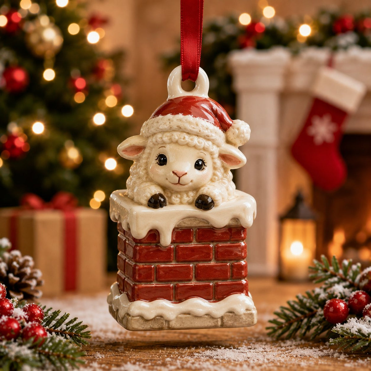 Sheep in Chimney Christmas Ornament