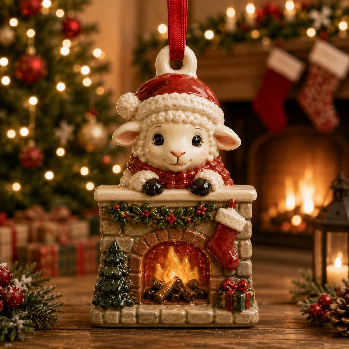 Sheep on Fireplace Christmas Ornament