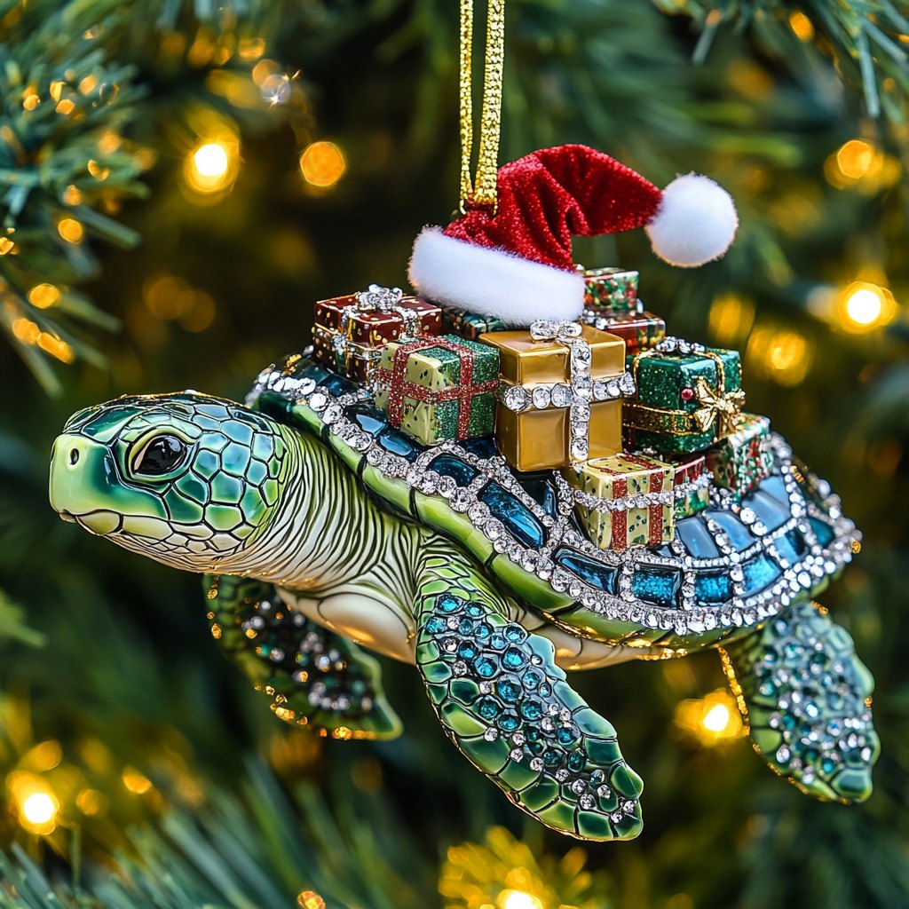 Emerald Turtle Gift Stack Christmas Ornament