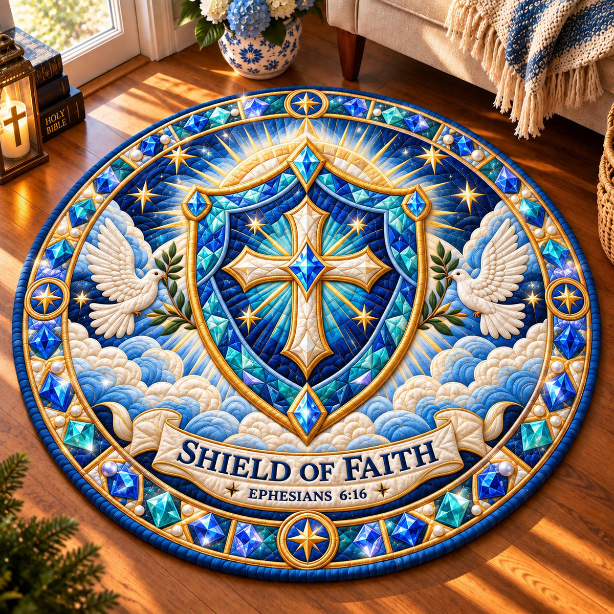 Shield Of Faith Round Mat Rug - Nature Design | Serene Home Decor - washable non-slip printed rug