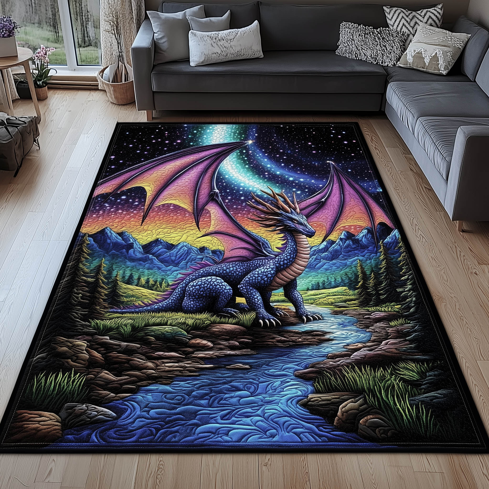 Shimmering Wings area rug in a living room