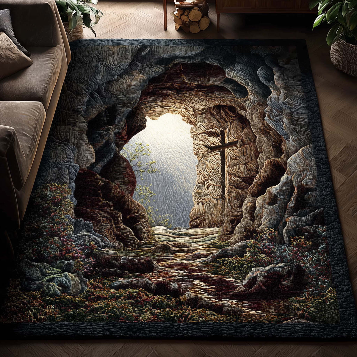 Shining Cross area rug in a living room
