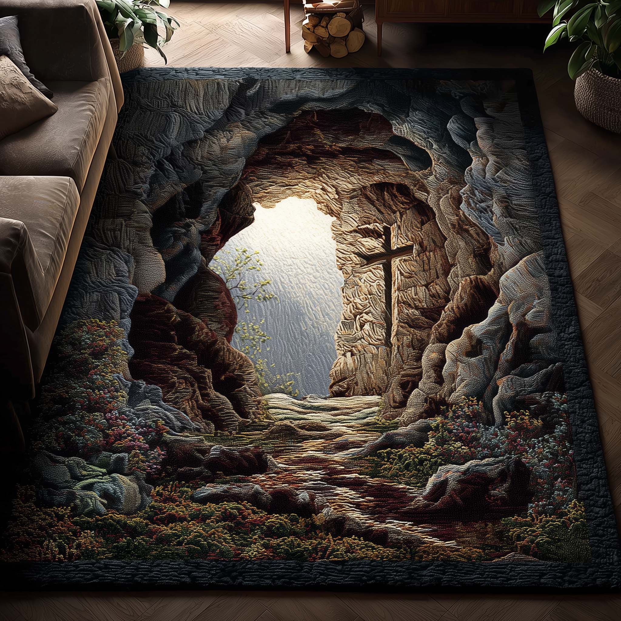 Shining Cross area rug in a living room