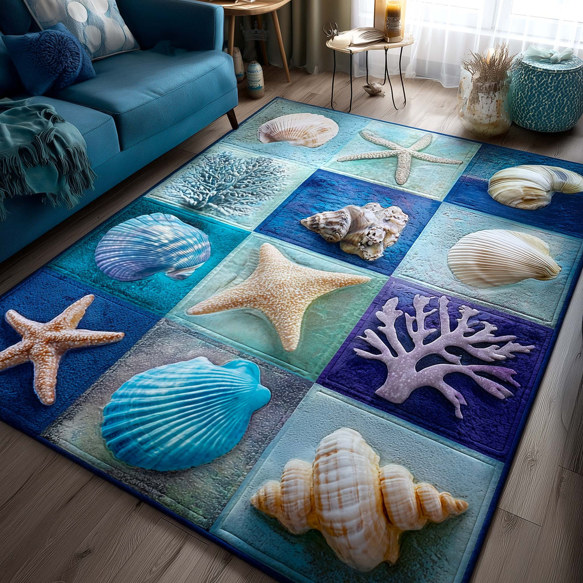 Shoreline Gems area rug in a living room