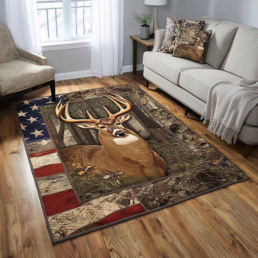 Silent Deer area rug in a living room