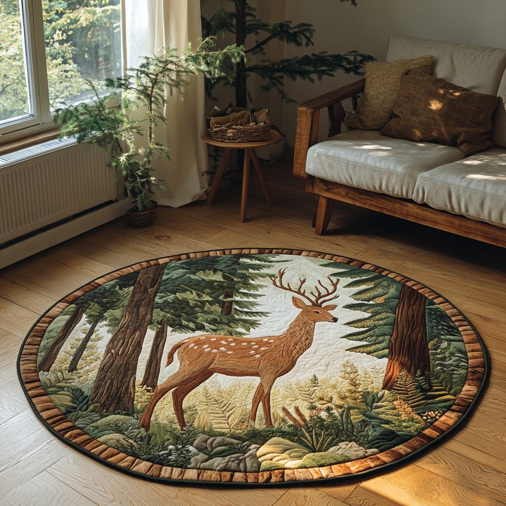 Silent Deer Round Mat Rug - washable non-slip printed rug