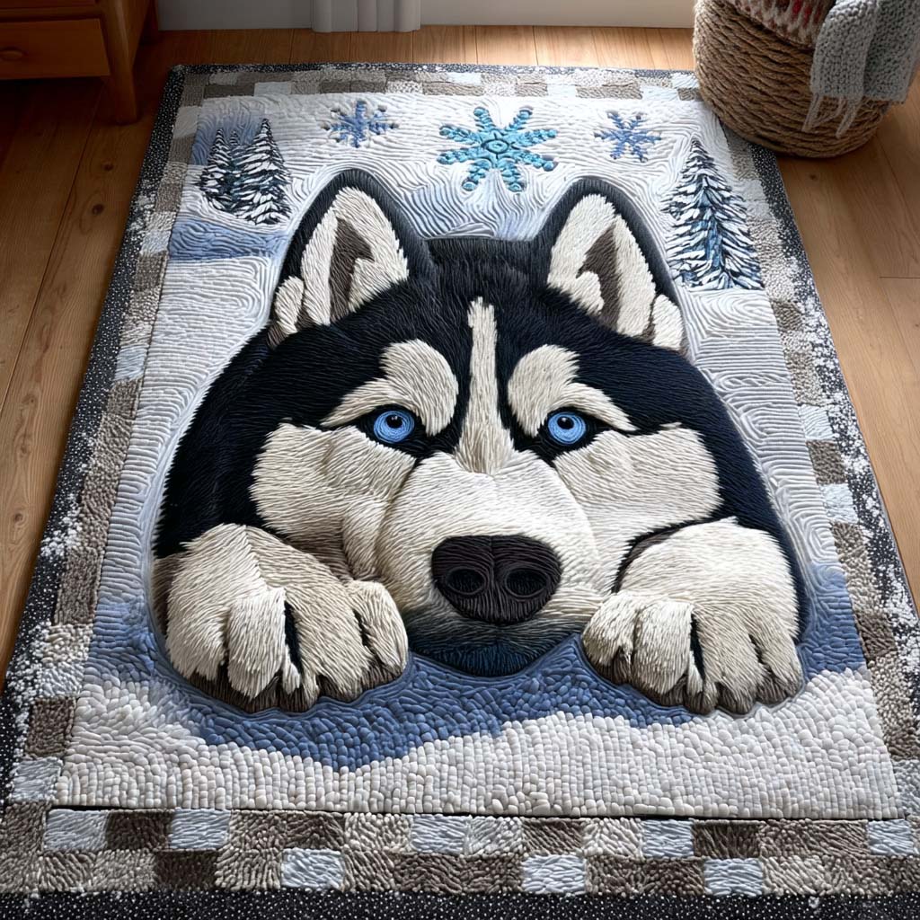 Silent Snow Watcher area rug in a living room