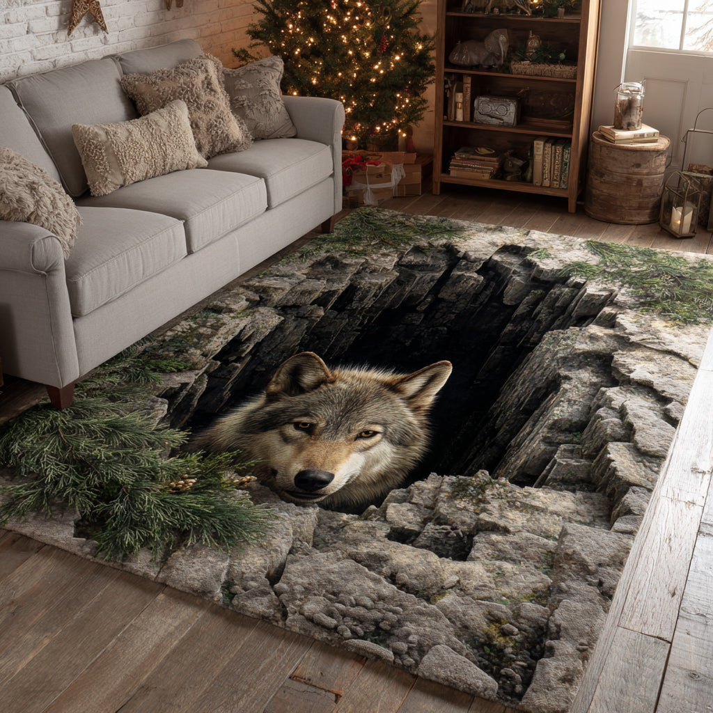 Silent Wolf Chasm area rug in a living room
