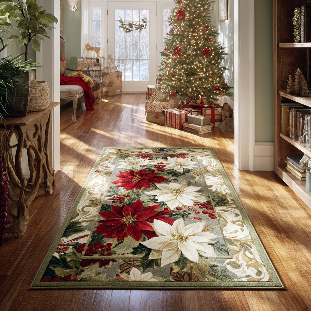 Silver Poinsettia Path area rug in a living room