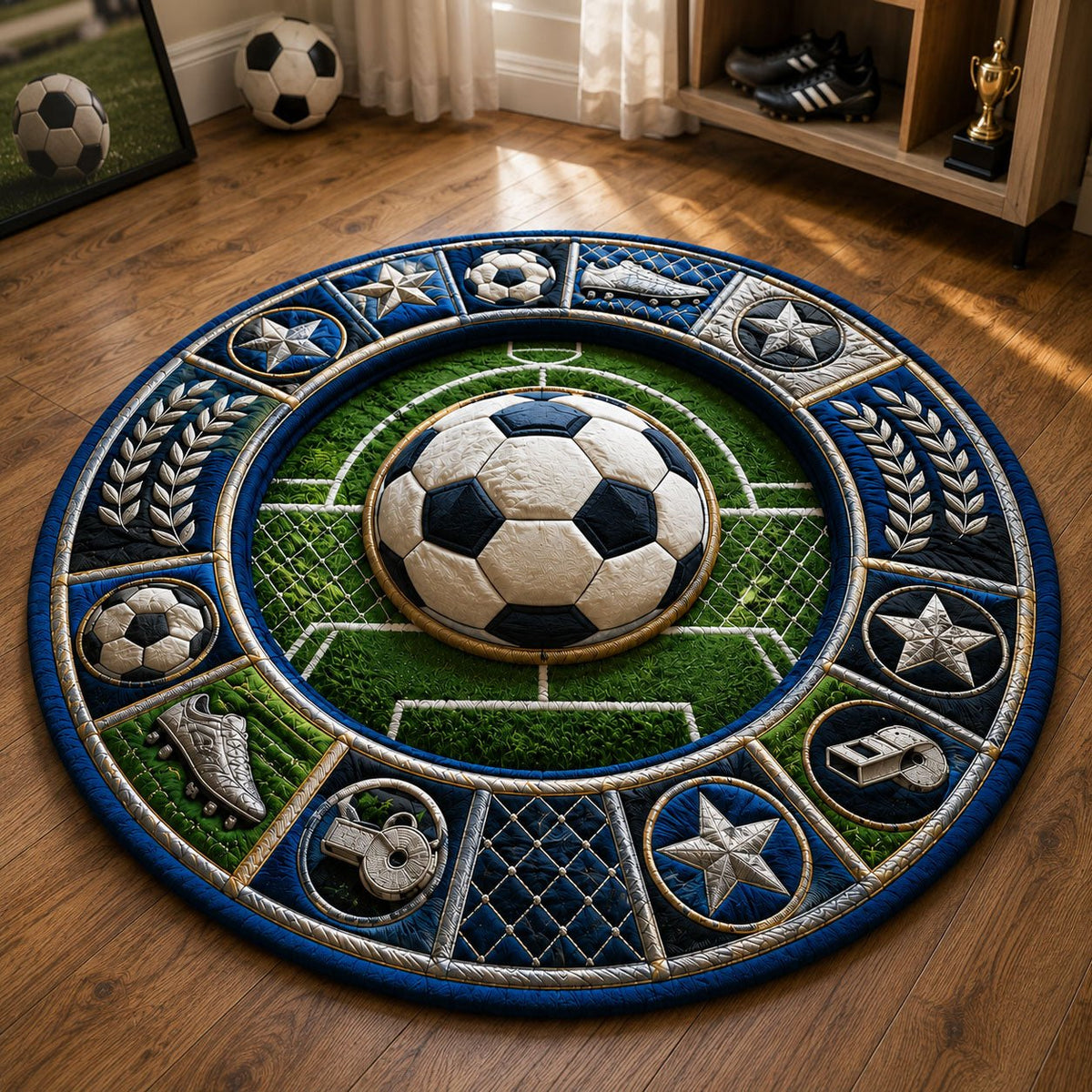 Silver Victory Soccer Round Mat Rug - washable non-slip printed rug