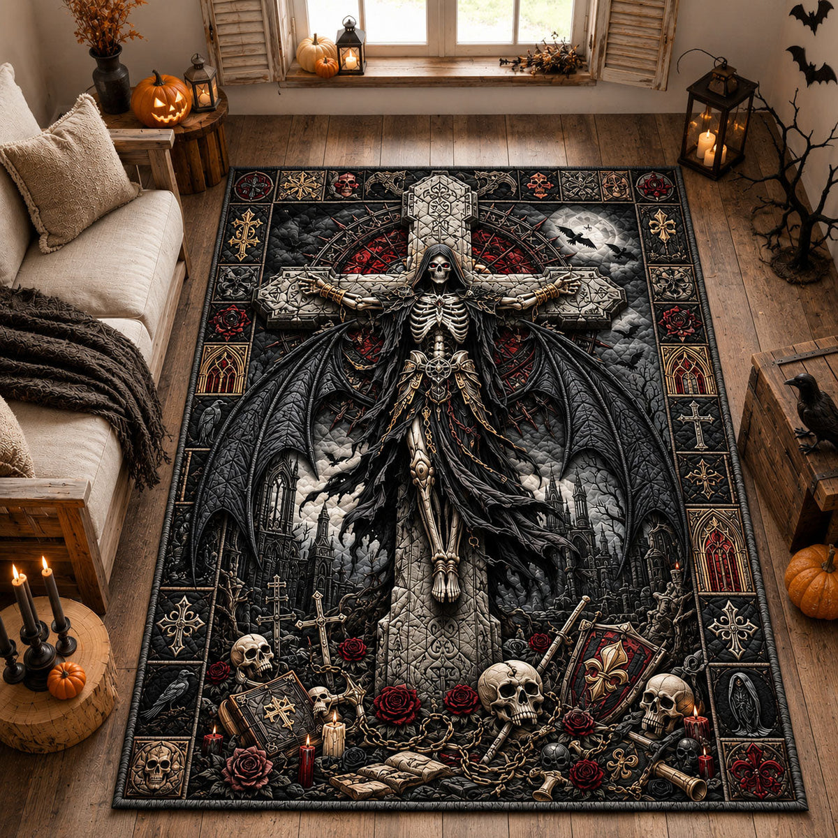 Skeletal Dark Guardian area rug in a living room