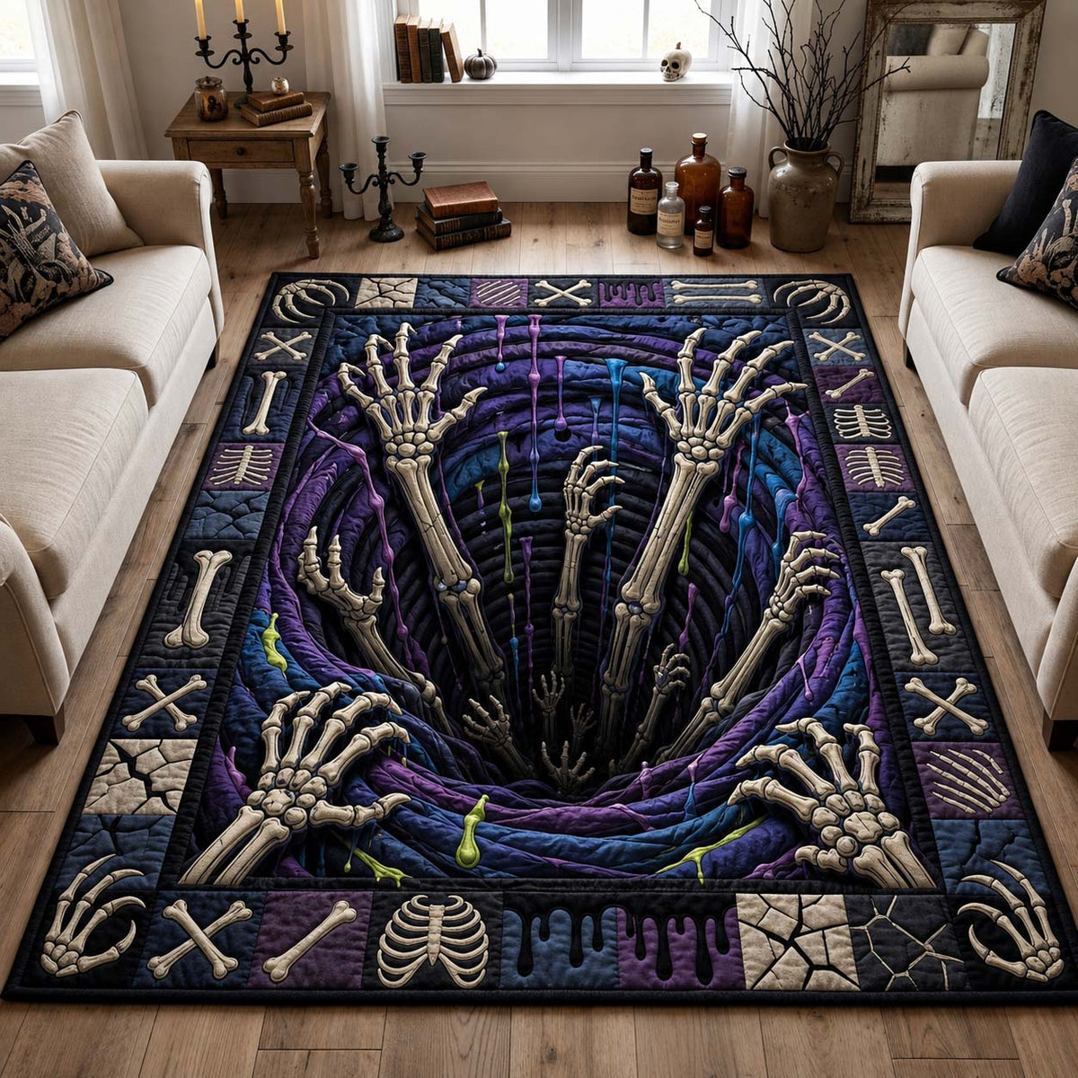 Skeleton Abyss area rug in a living room