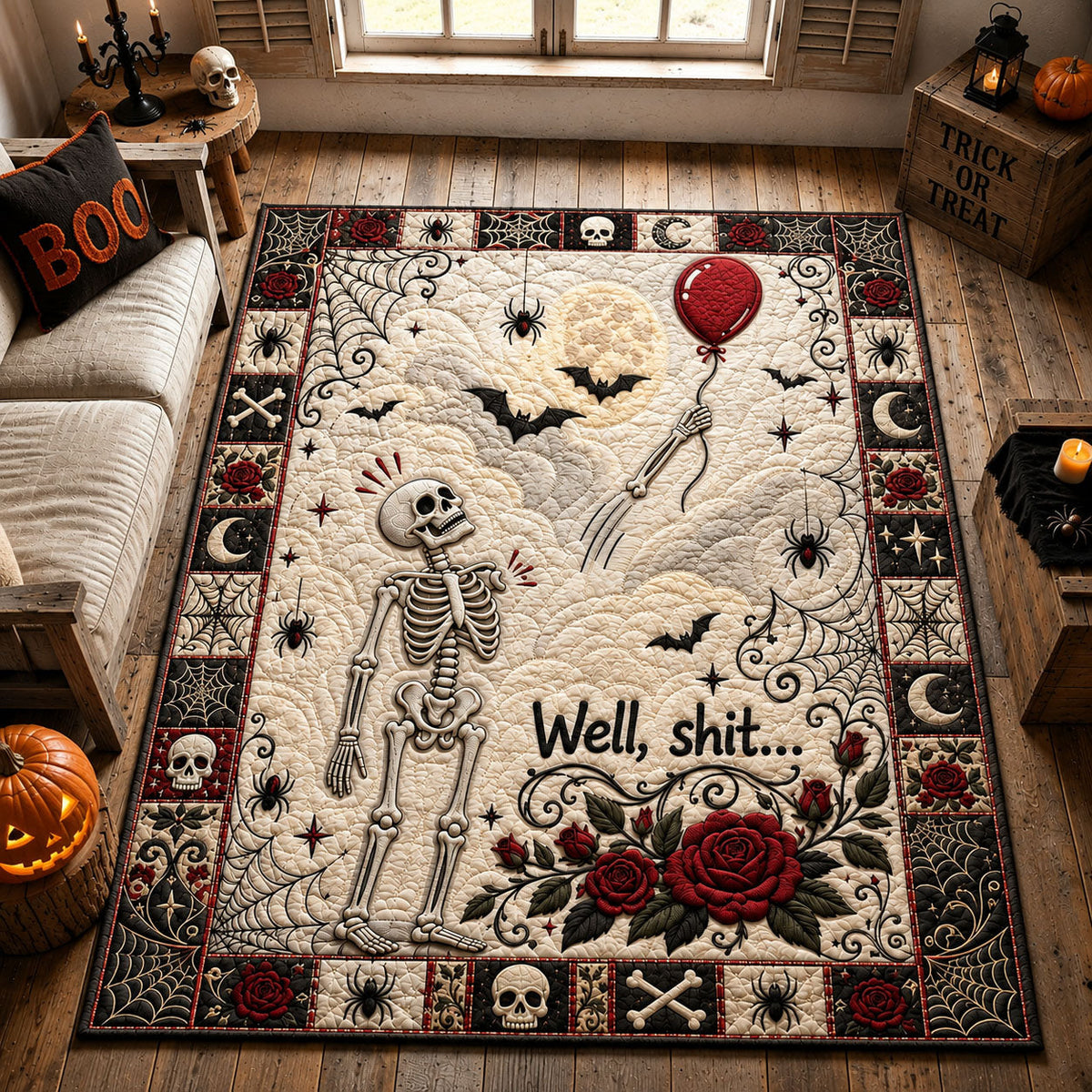 Skeleton Balloon area rug in a living room