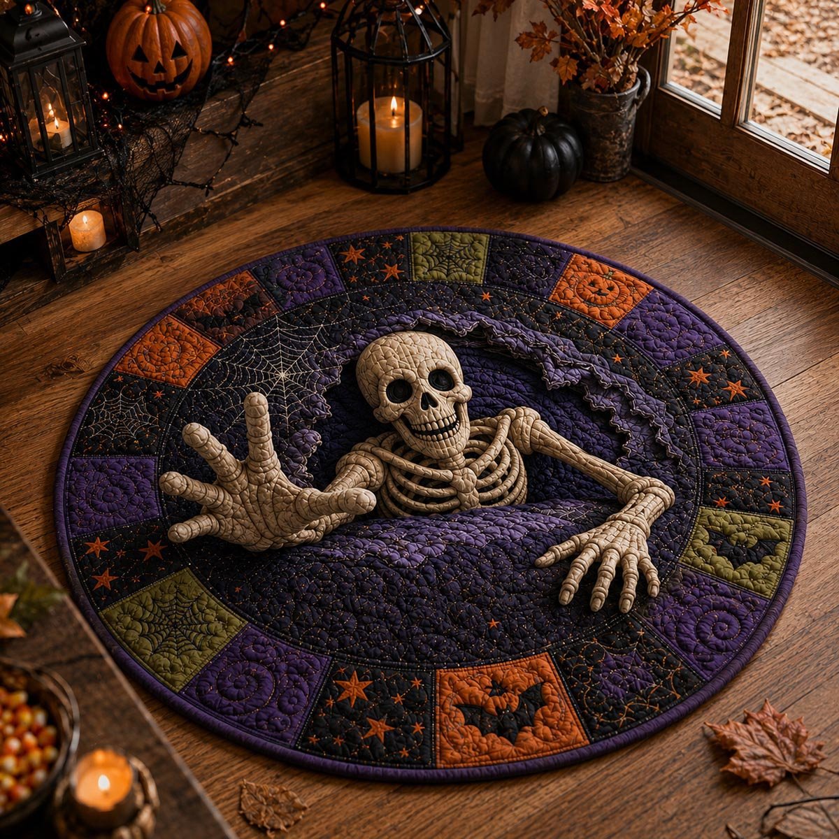 Skeleton Breakout Halloween Round Mat Rug - washable non-slip printed rug