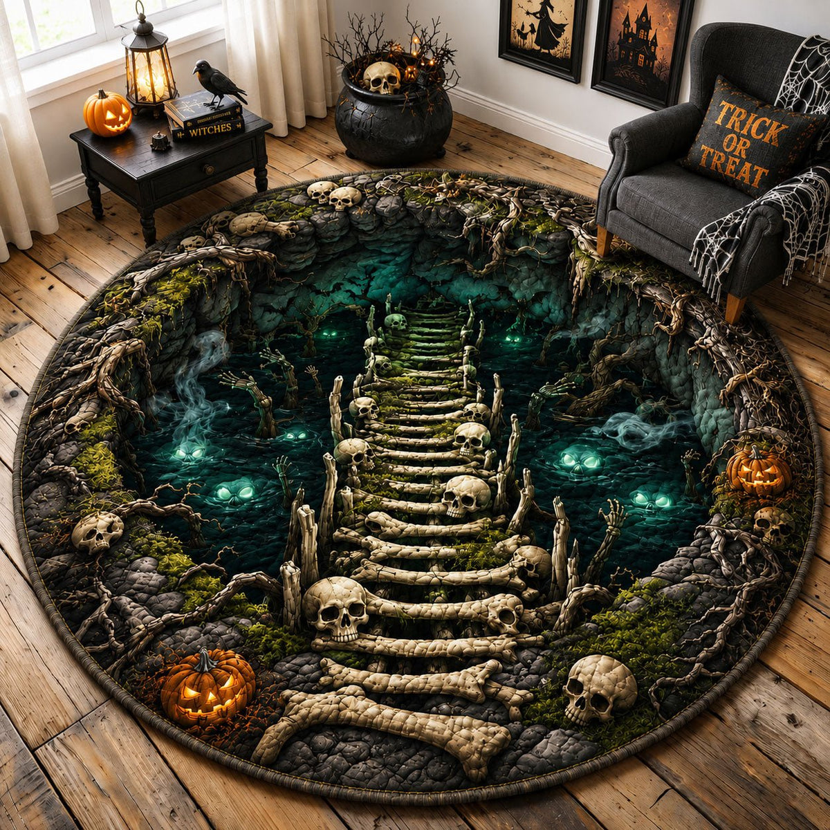 Skeleton Bridge Swamp Halloween Round Mat Rug - washable non-slip printed rug