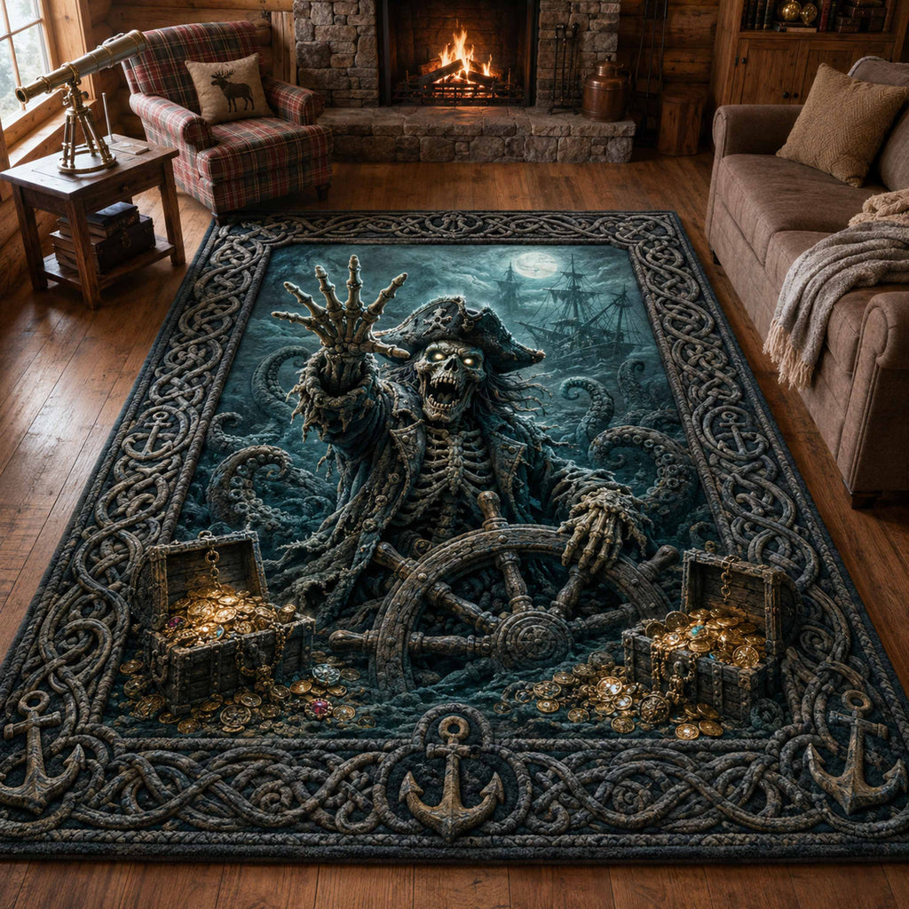 Skeleton Captain area rug in a living room