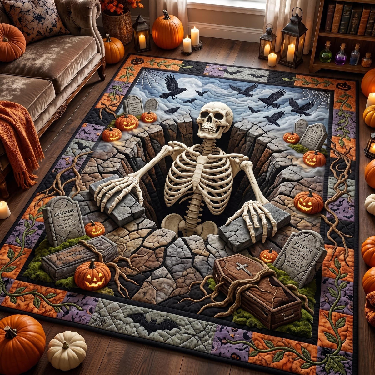 Skeleton Charm area rug in a living room