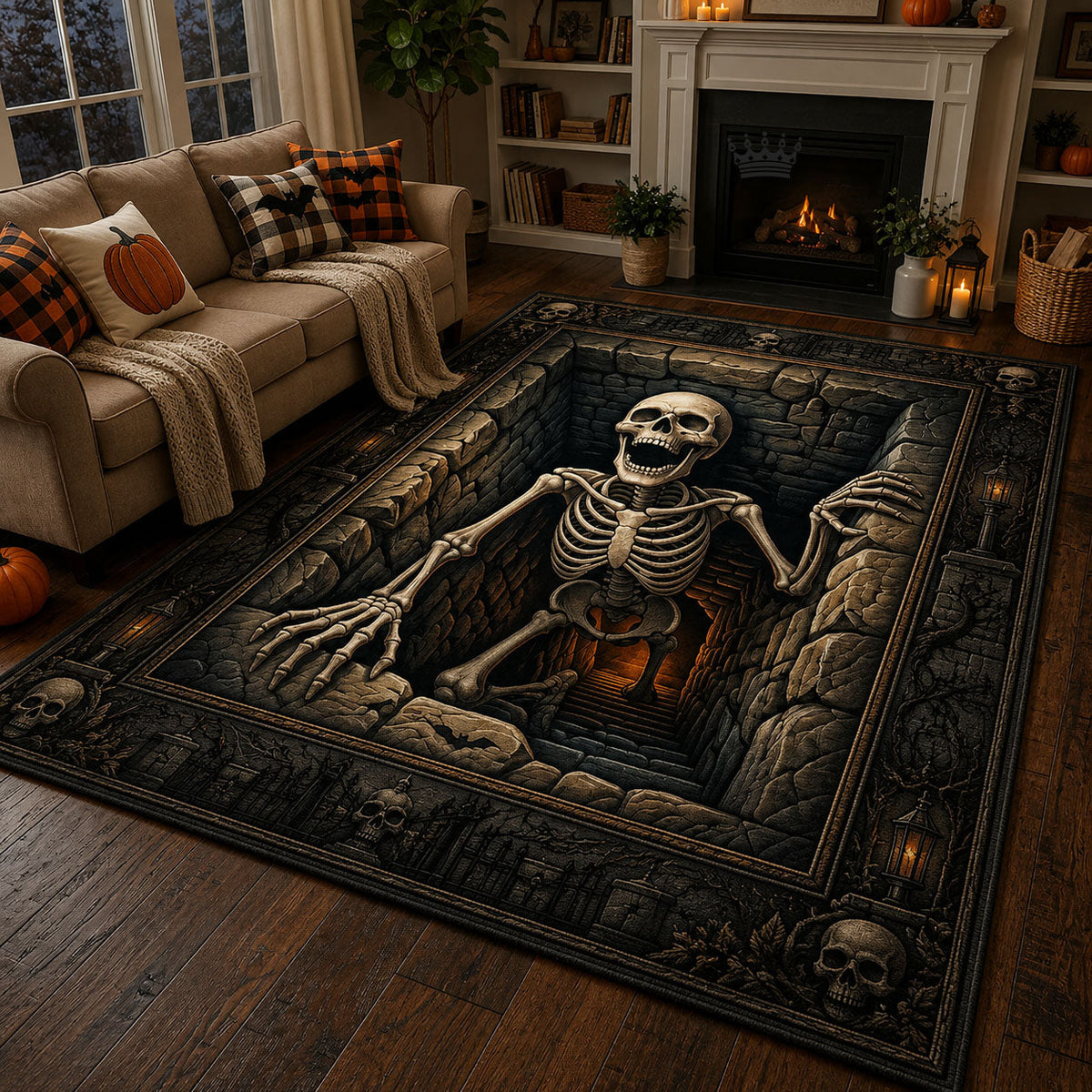 Skeleton Climbing Out area rug in a living room