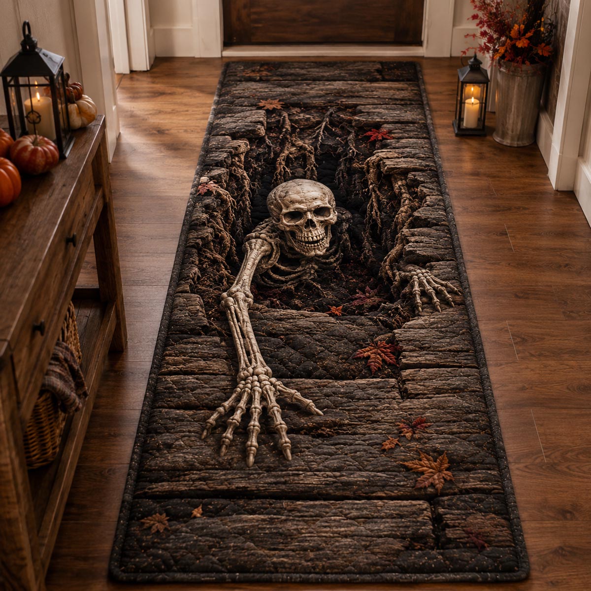 Skeleton Crawl Runner Rug - Seasonal Design | Festive Runner Rug (Design 1) - washable non-slip printed rug