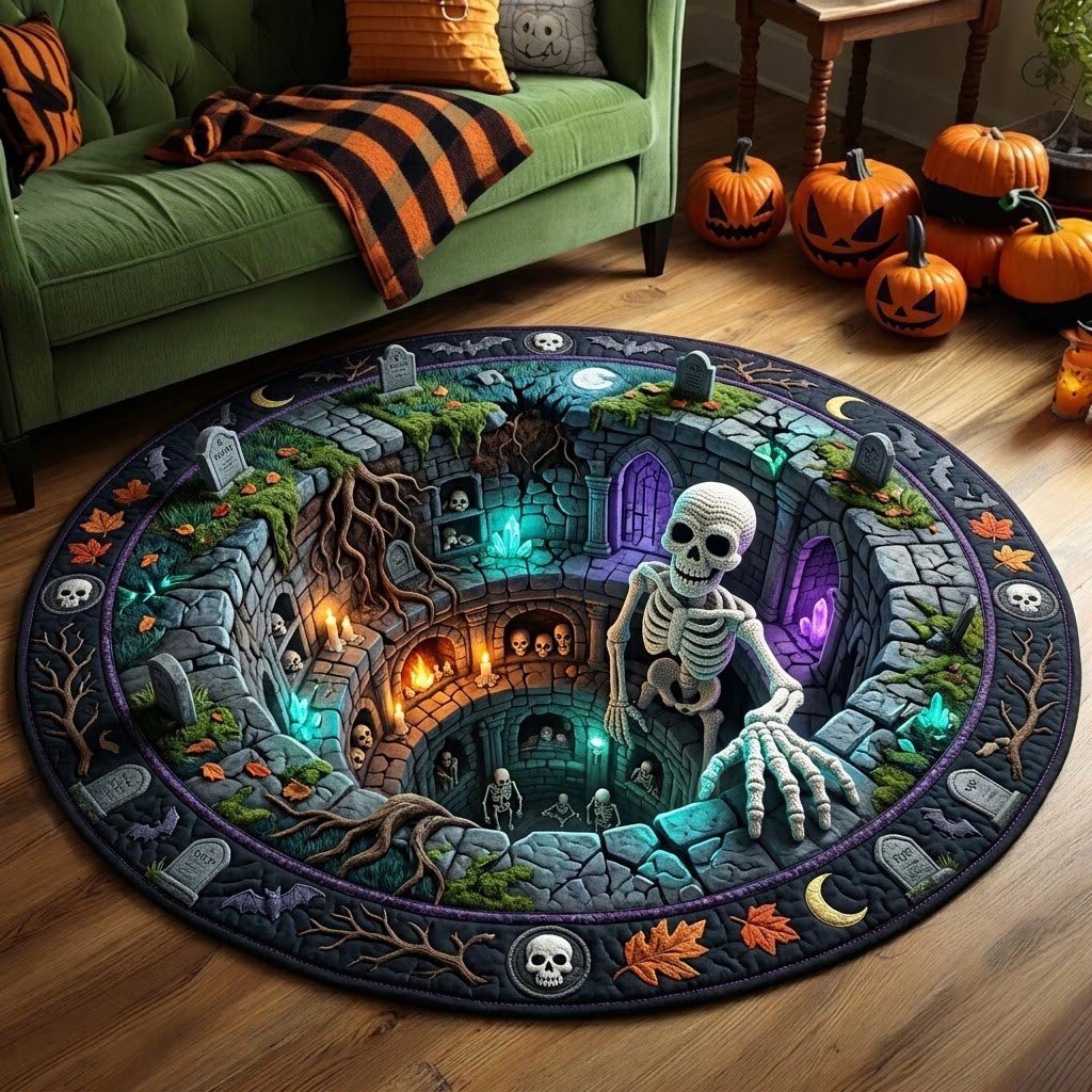 Skeleton Crypt Round Mat Rug - Seasonal Design | Festive Home Decor - washable non-slip printed rug