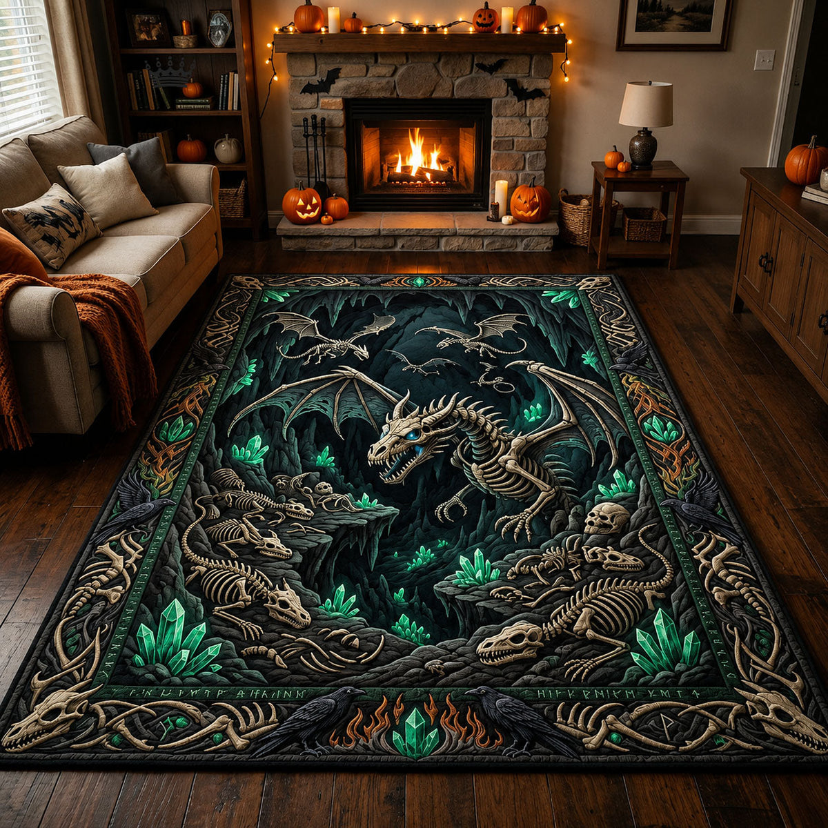 Skeleton Dragon Graveyard area rug in a living room