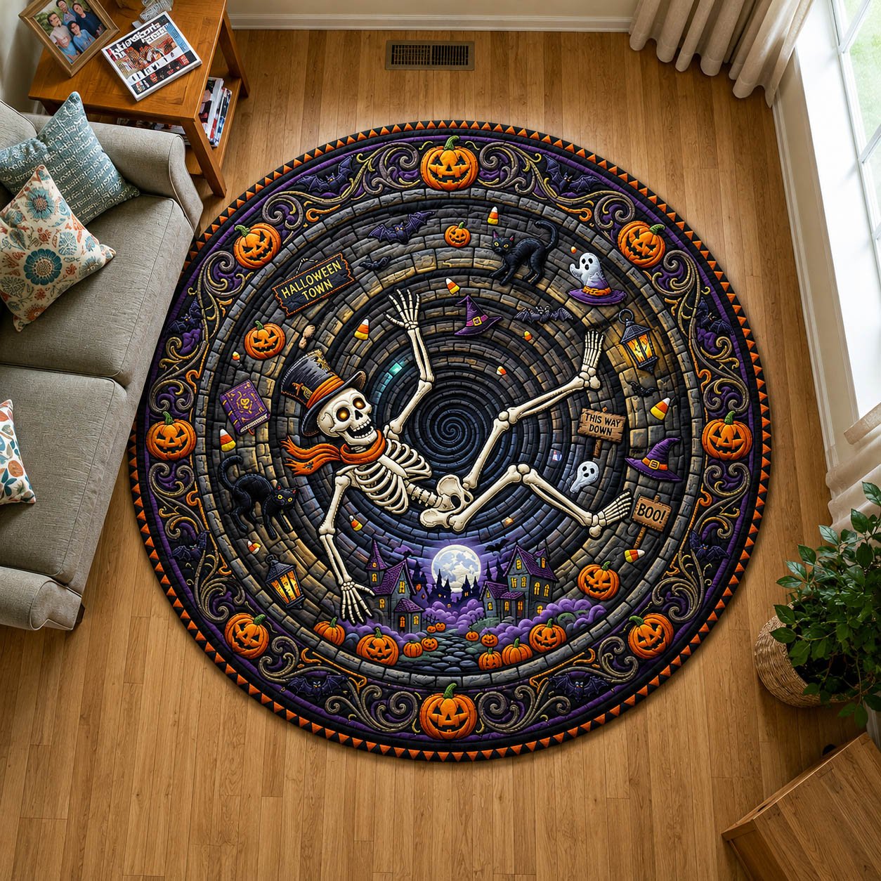 Skeleton Falling To Halloween Town Round Mat Rug - Nature Design | Serene Home Decor