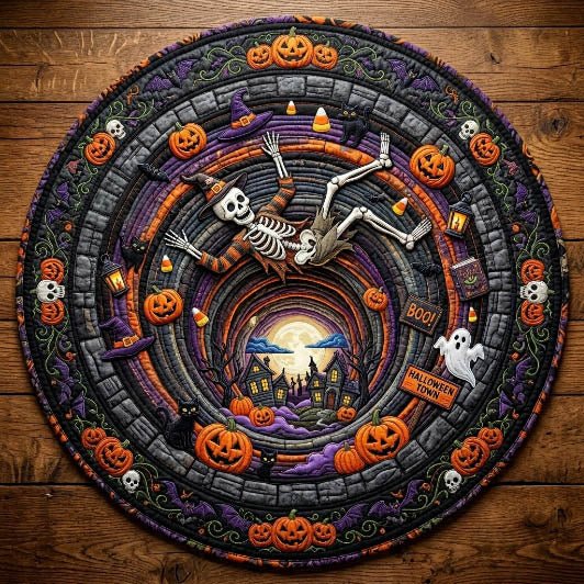 Skeleton Falling To Halloween Town Round Mat Rug - Nature Design | Serene Home Decor