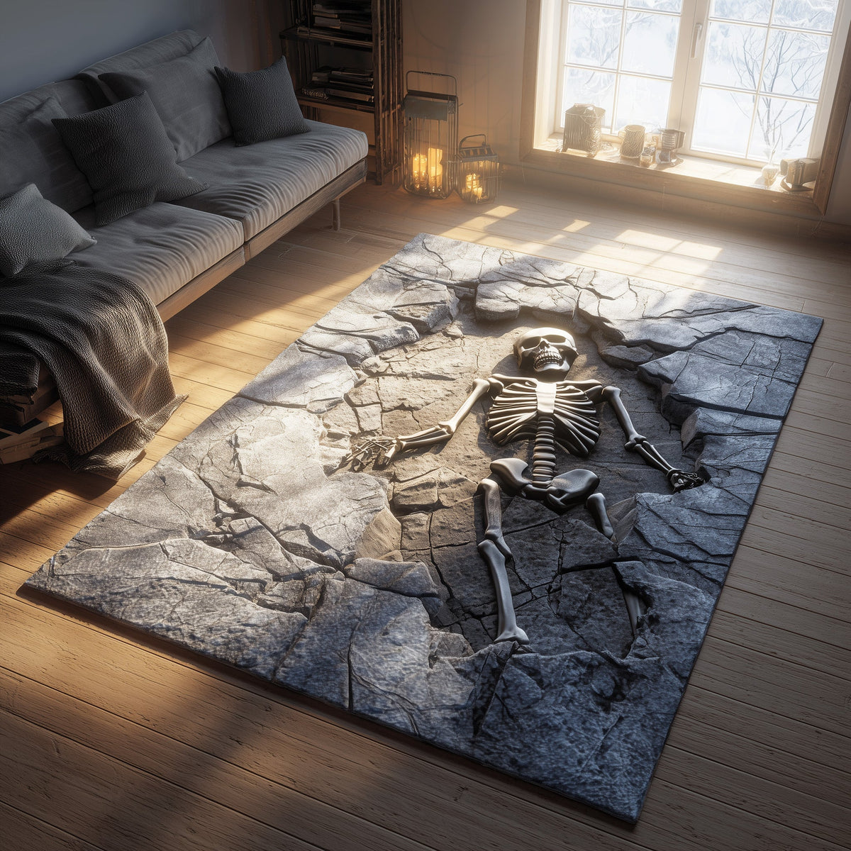 Skeleton Grave area rug in a living room
