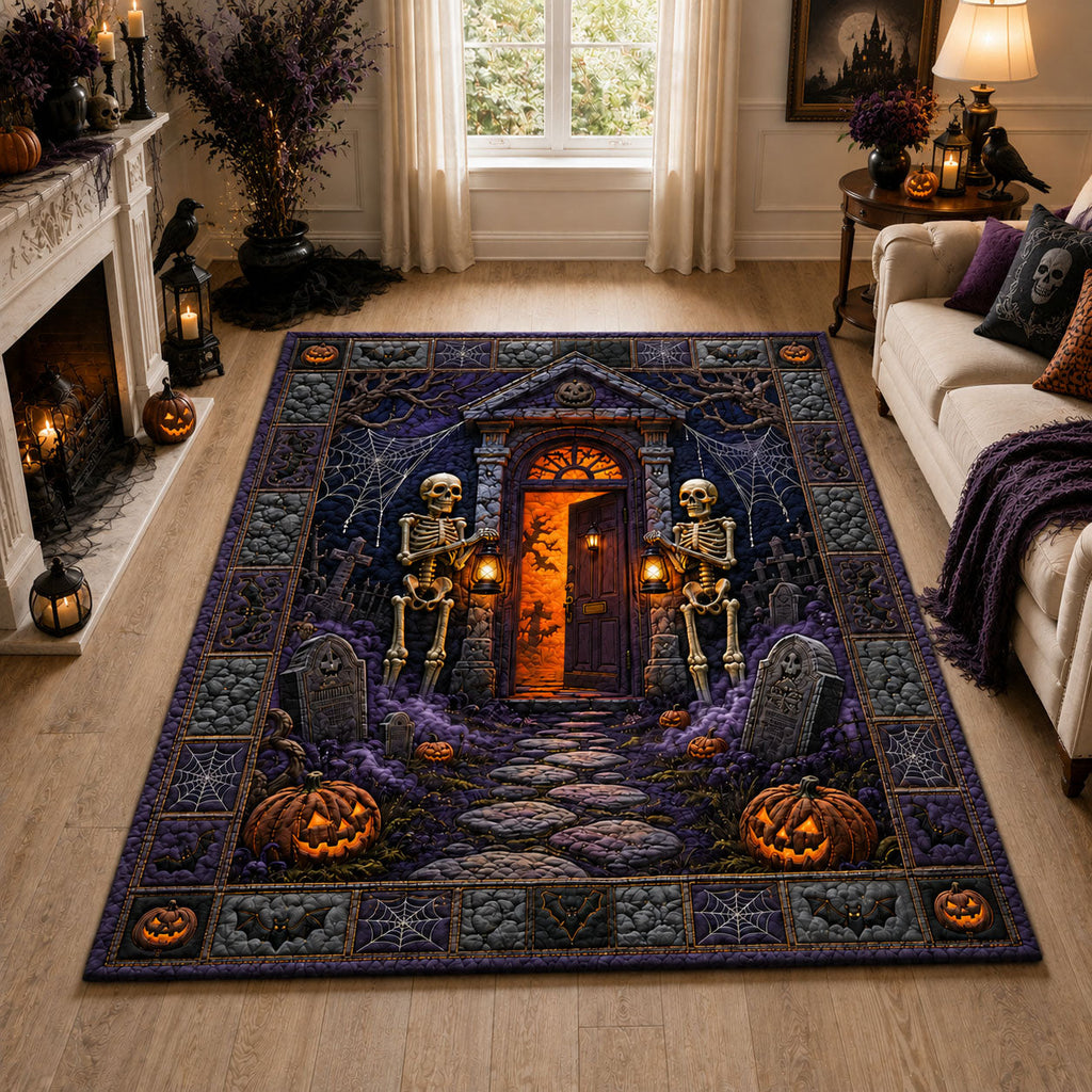 Skeleton Guard Haunted Door area rug in a living room