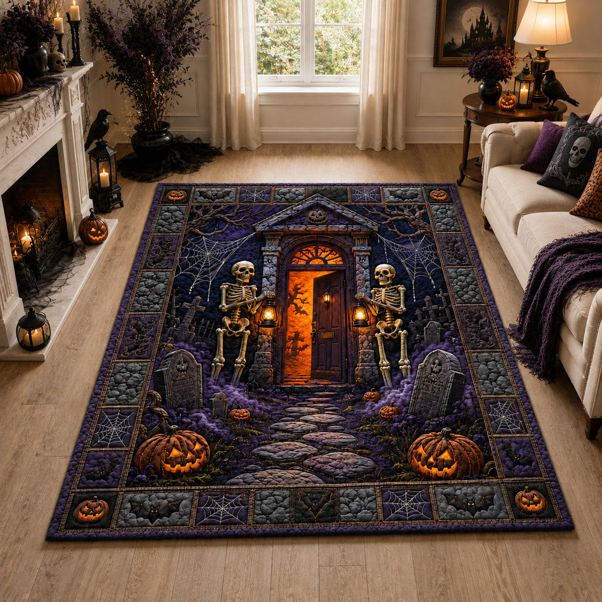 Skeleton Guard Haunted Door area rug in a living room