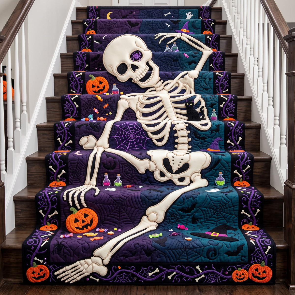Skeleton Halloween Runner Rug - Seasonal Design | Festive Runner Rug - washable non-slip printed rug