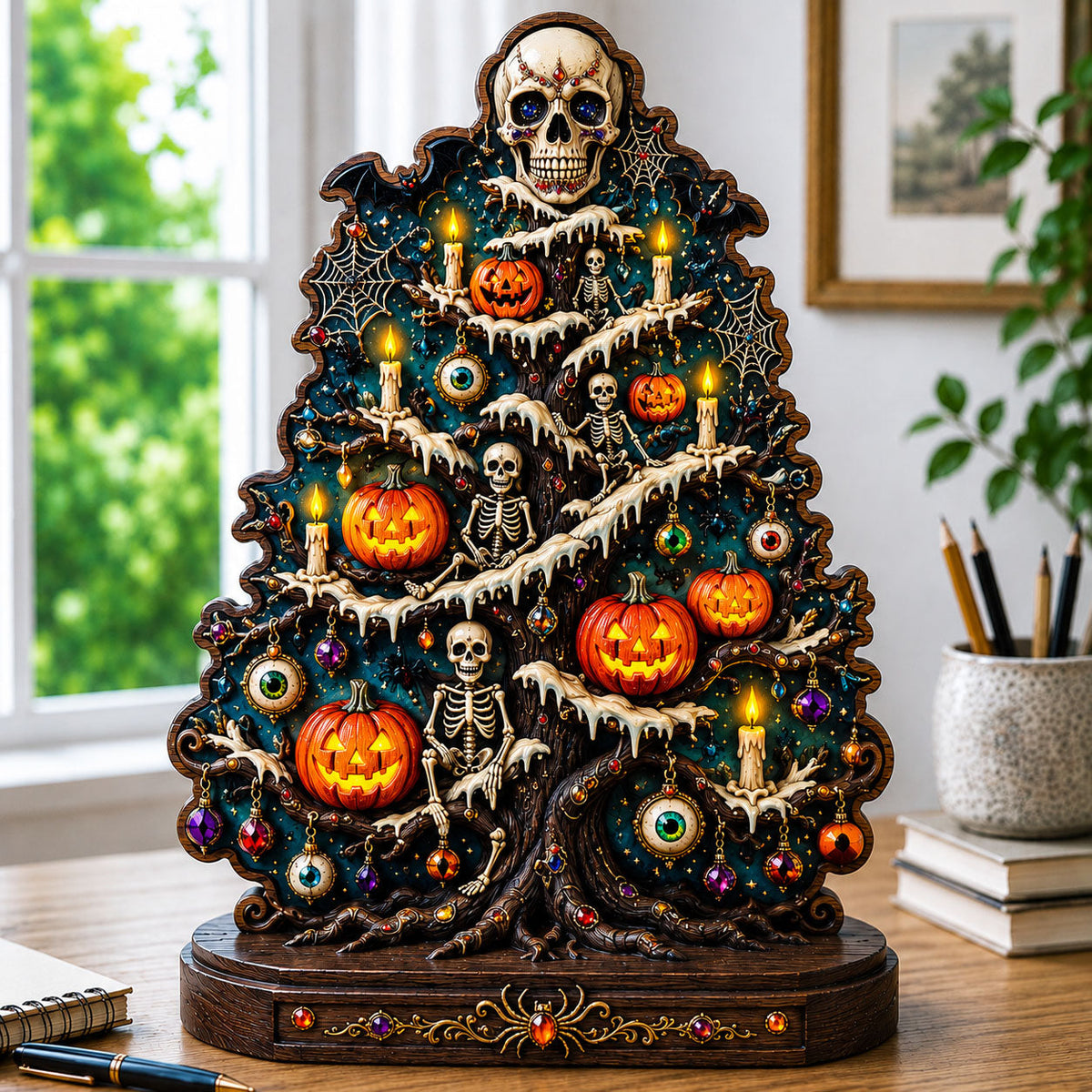 Skeleton Halloween Tree wooden block, laser-cut 3-layer wood