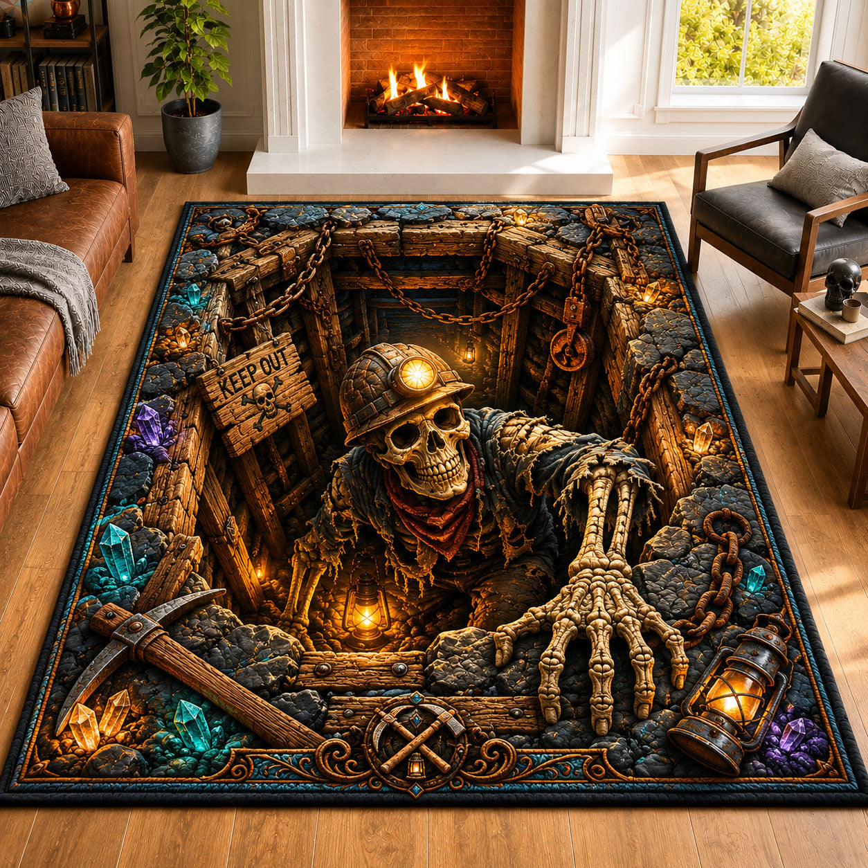 Skeleton Miner Pit 3D Illusion area rug in a living room
