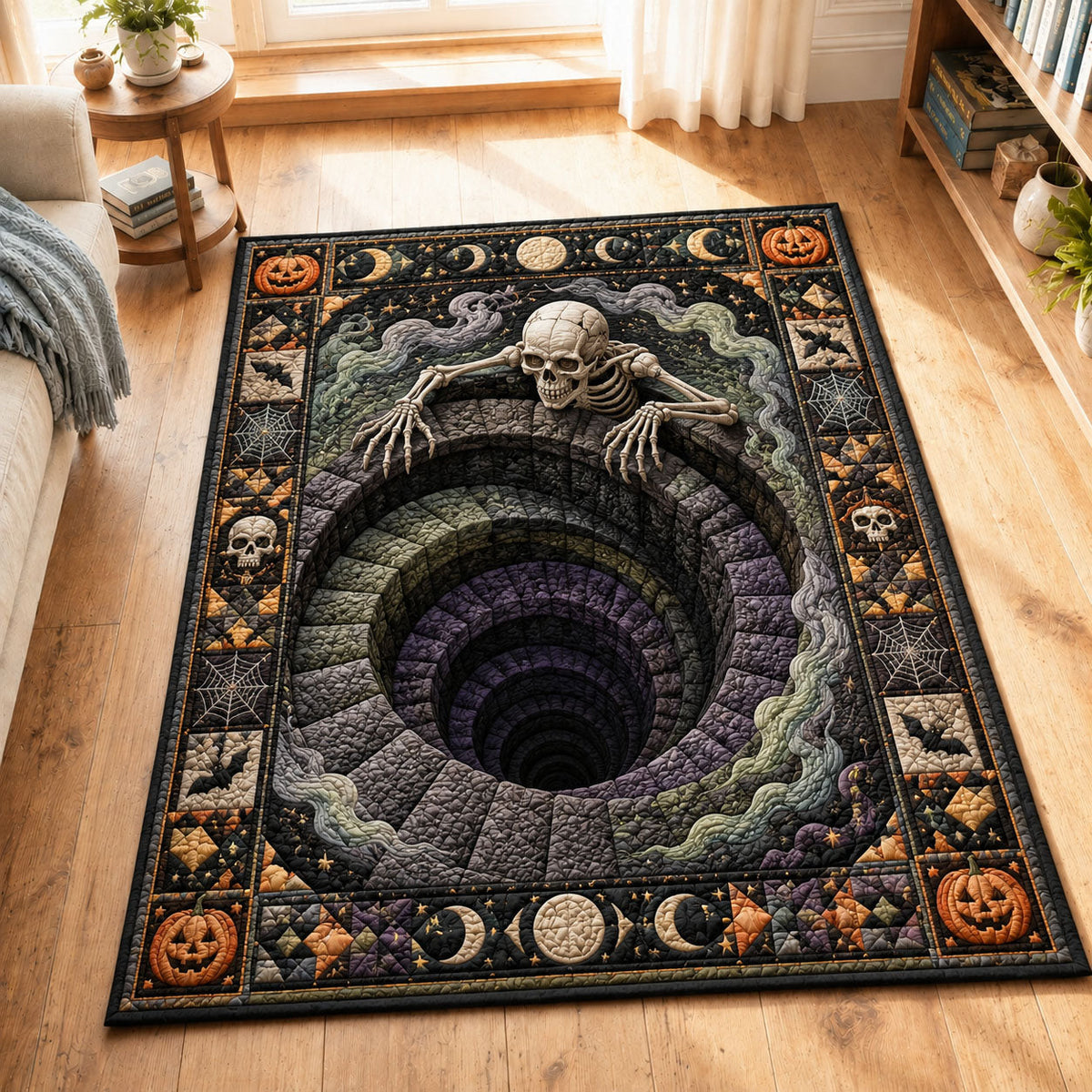 Skeleton Moonwell Spiral Pit area rug in a living room