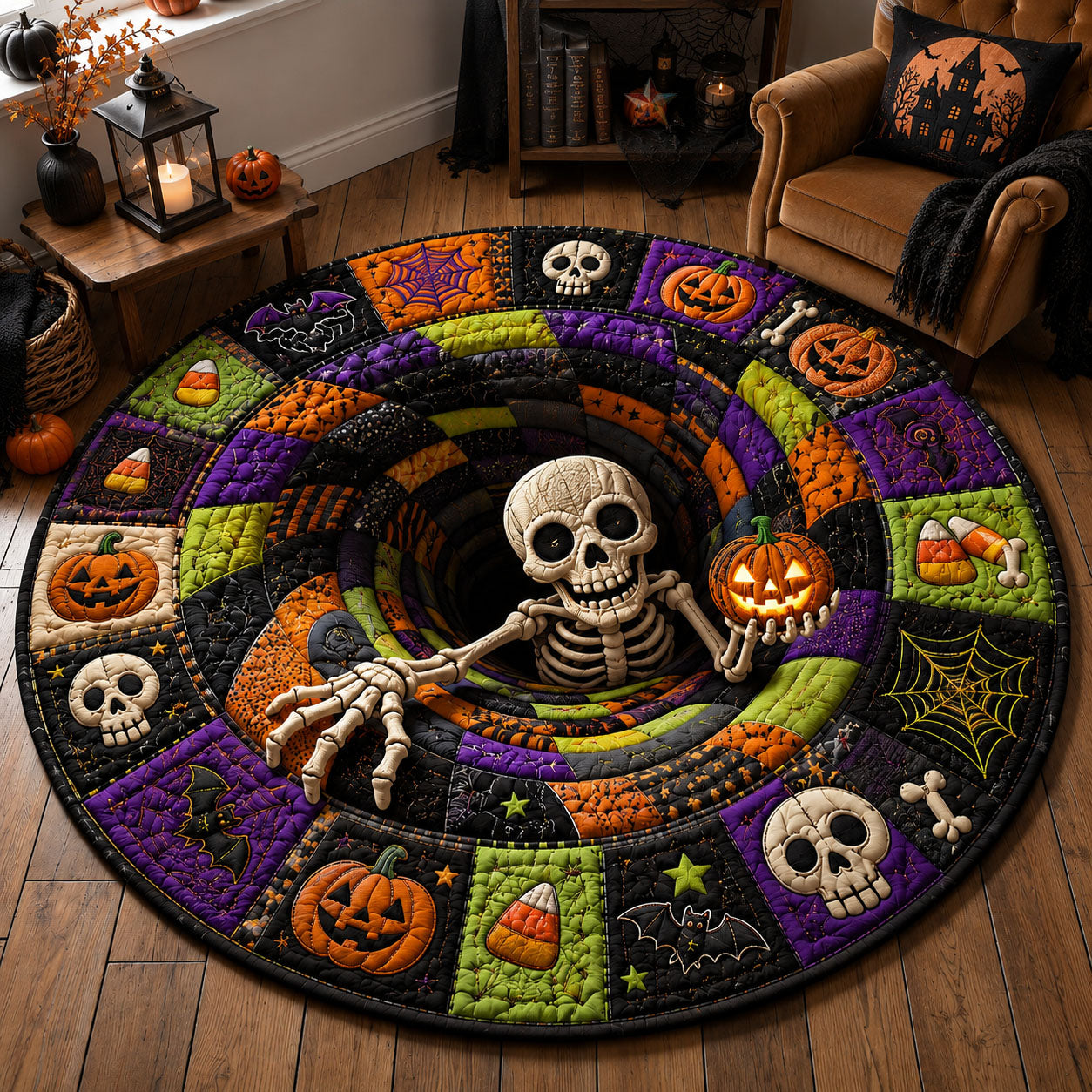 Skeleton Pumpkin Spiral Halloween Round Mat Rug GFTOHNL1591