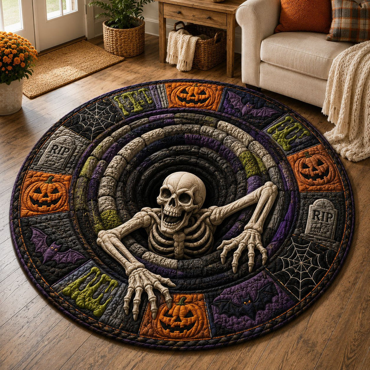 Skeleton Spiral Pit Halloween Round Mat Rug - washable non-slip printed rug