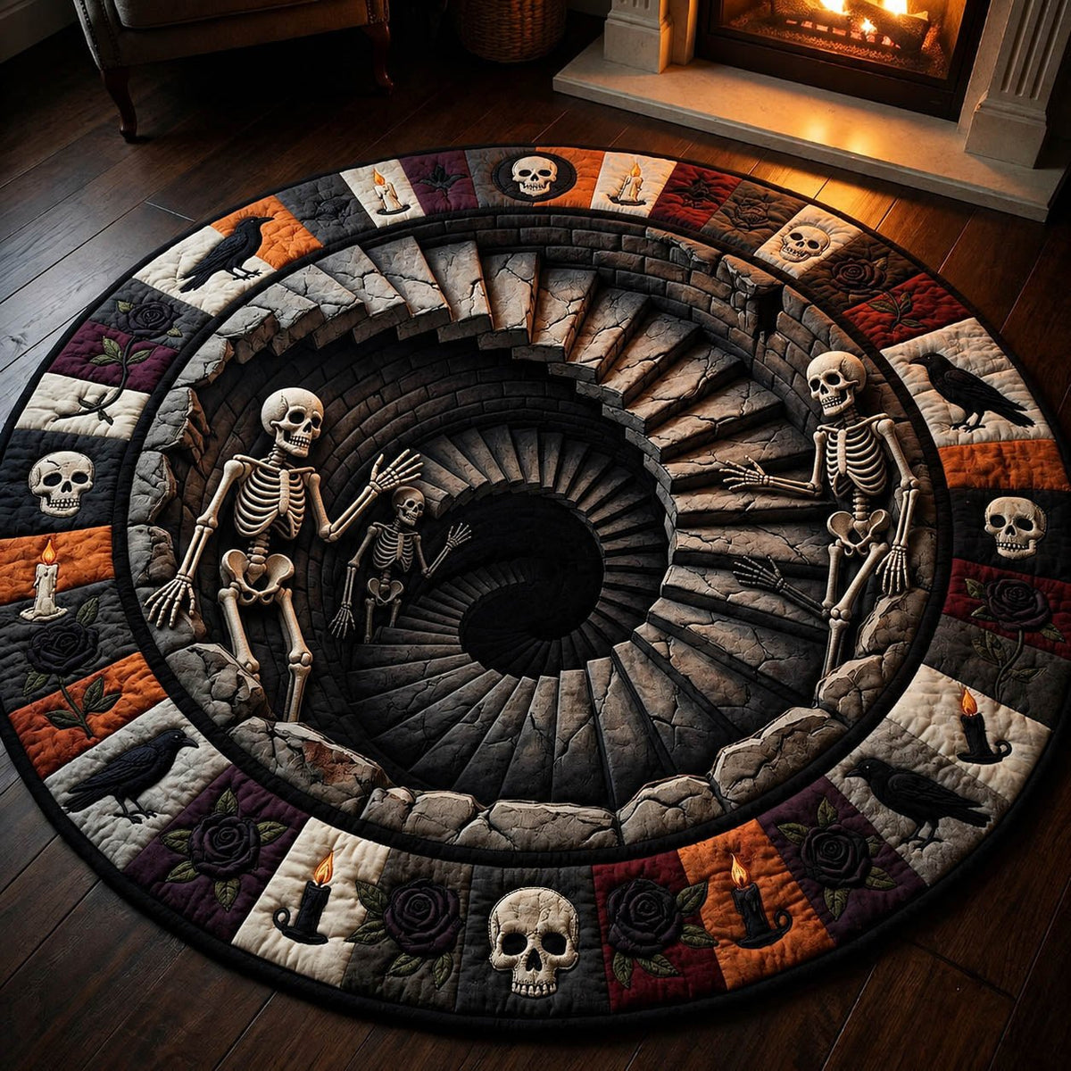 Skeleton Staircase Halloween Round Mat Rug - washable non-slip printed rug