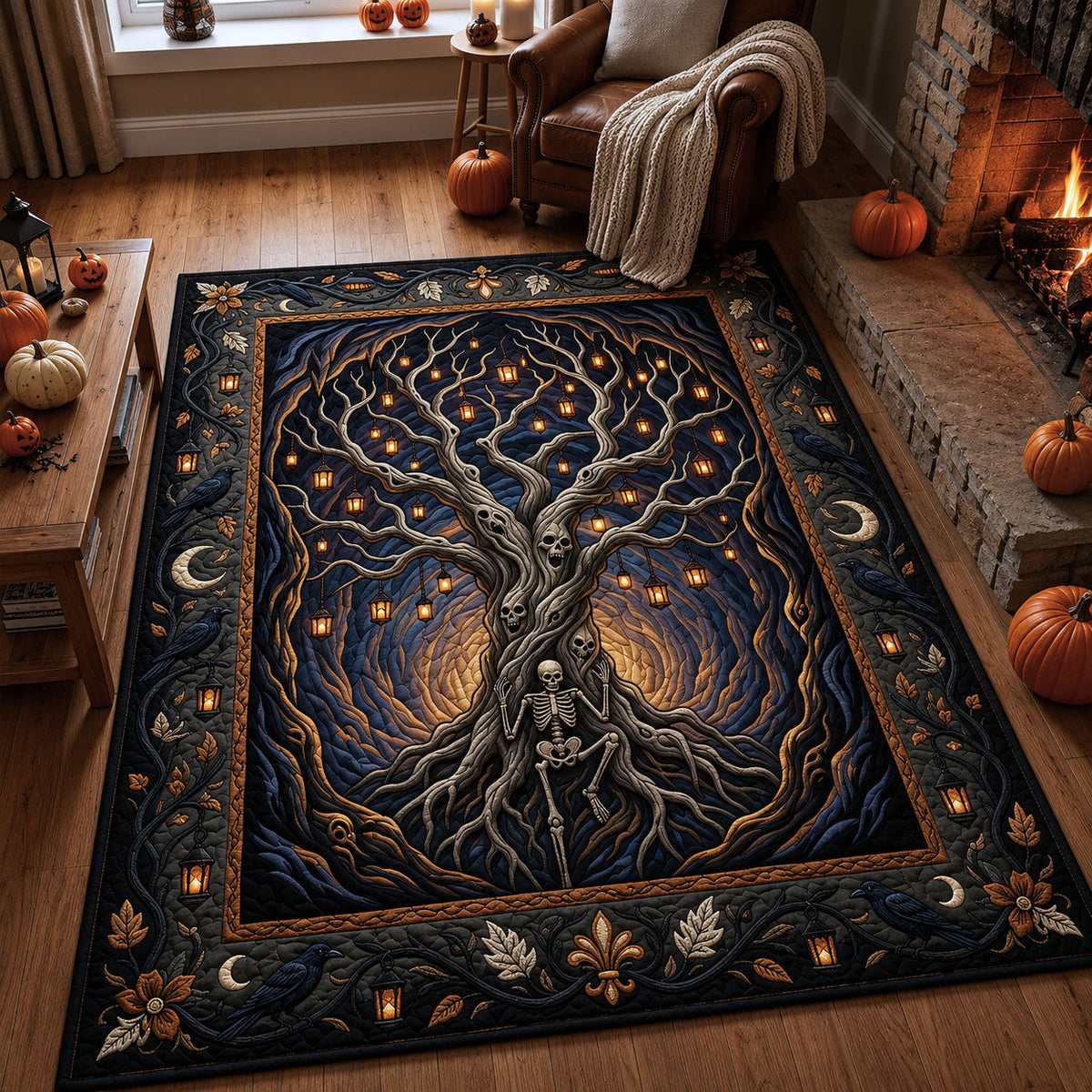 Skeleton Tree Of Souls area rug in a living room