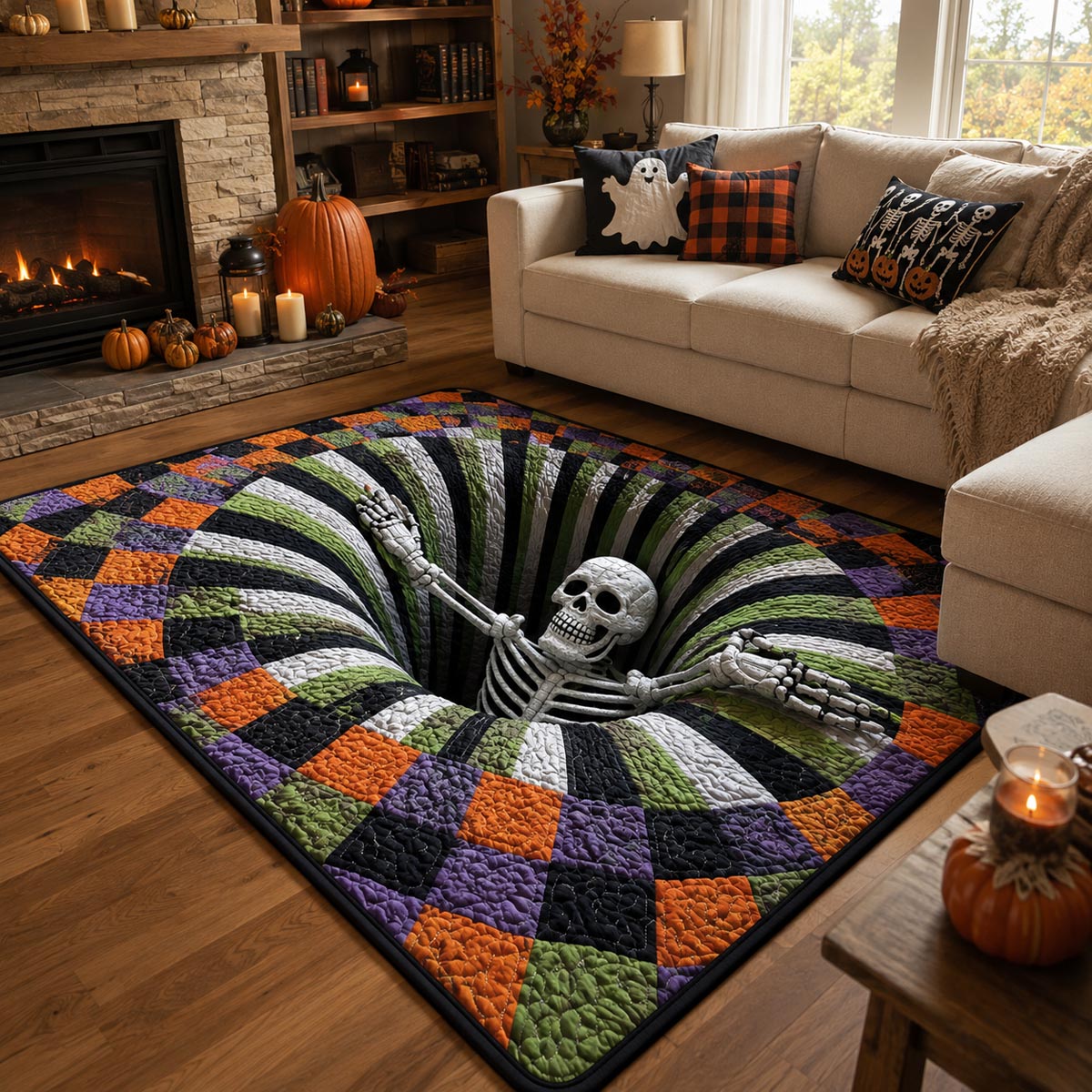 Skeleton Vortex area rug in a living room