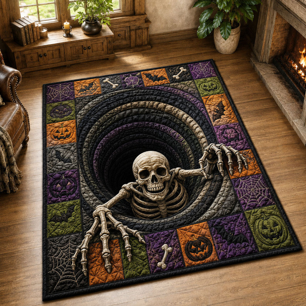 Skeleton Vortex Hole Halloween area rug in a living room