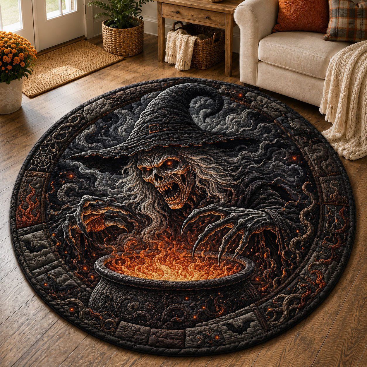 Skeleton Witch Cauldron Halloween Round Mat Rug - Nature Design | Serene Home Decor