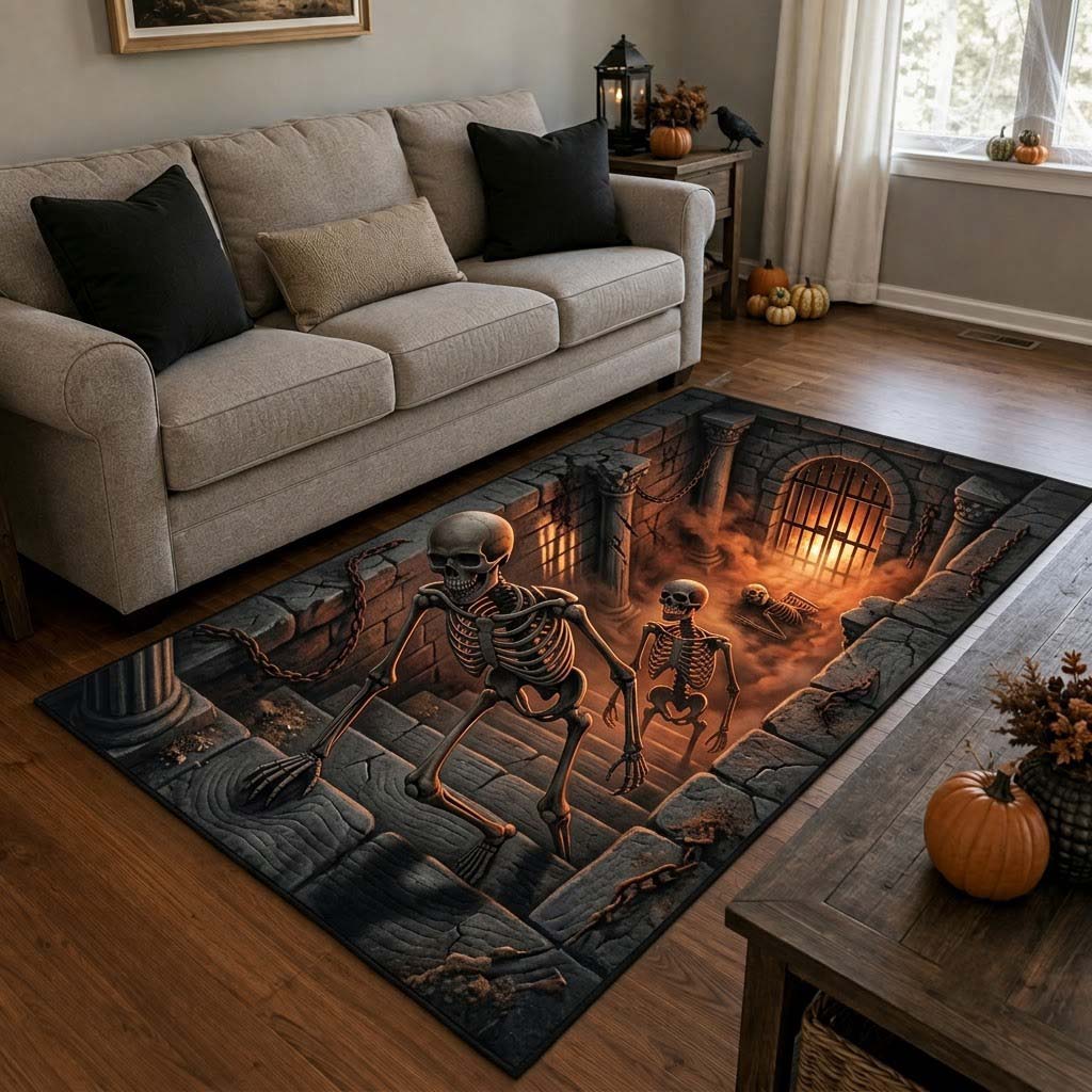 Skeletons Risin area rug in a living room