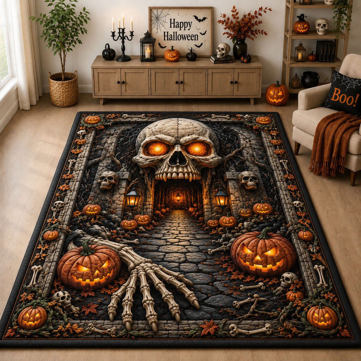 Skull Cave Pumpkin Halloween area rug in a living room