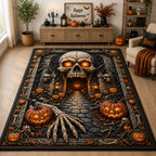 Skull Cave Pumpkin Halloween area rug in a living room