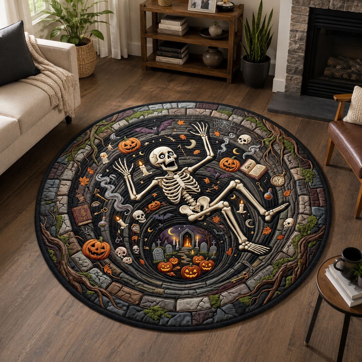 Skull Falling Into Pumpkin Vortex Round Mat Rug - Nature Design | Serene Home Decor
